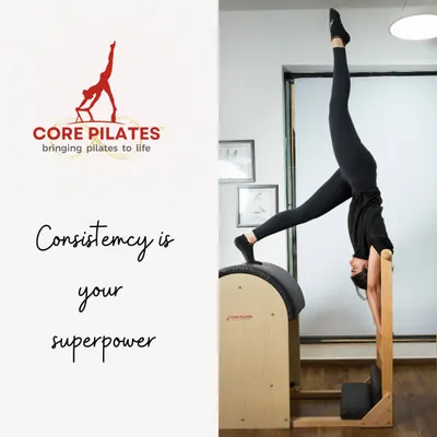 Consistency is your superpower. This client performs an advanced handstand variation on the Ladder Barrel, showcasing incredible strength and balance.