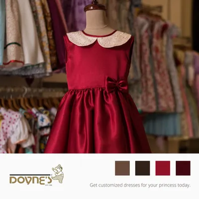 This elegant red satin dress is a classic choice for any special occasion. Displayed in my studio, you can see the beautiful sheen of the fabric and the sparkling Peter Pan collar.
