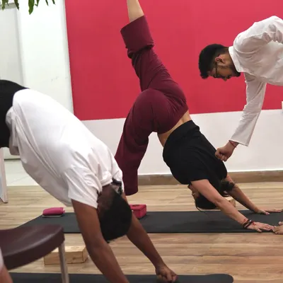This is the story of how Yoga Dhara was born. It started with a dream and a mat in a park. This image shows me assisting a student in a one-legged downward dog, a testament to how far we've come.