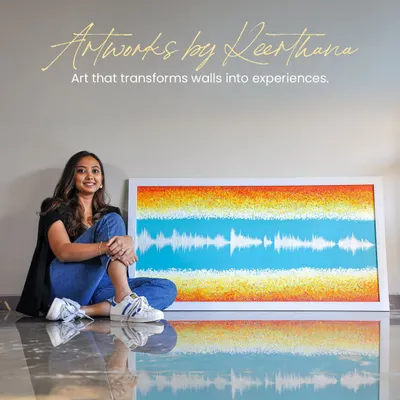 This piece, with its vibrant soundwave-like pattern, is an example of how I transform abstract concepts into visual experiences. Pictured here in my studio, the reflection on the floor shows how a single artwork can interact with and change the energy of a space.