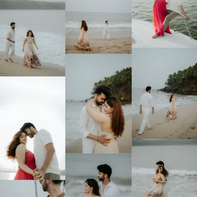 A collage of a romantic Goa pre-wedding shoot, capturing moments on the beach, on a yacht, and in quiet embrace, telling a complete story of a seaside escape.