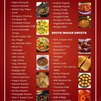 This menu card details our extensive list of South Indian vegetarian dishes, including various palyas, kootu, sambar, rasam, and traditional sweets like Holige and Mysore Pak.