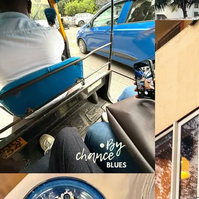 A collage of 'by chance blues'. This collection of moments, from an auto-rickshaw interior to a blueberry cheesecake, shows how a single color can tie a whole day together.