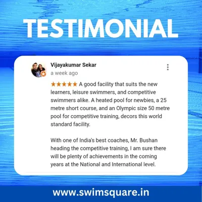 A five-star review from a happy member. We are thrilled to be recognized for our excellent facilities that cater to all types of swimmers and for the high-quality coaching led by Mr. Bushan.