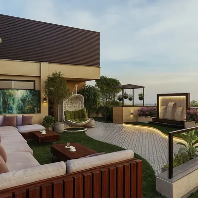 This is where dreams begin. A detailed 3D visualization of a multi-level terrace in Houz Khas, showing how I map out every element, from the plush L-shaped sofa and tranquil water feature to the specific placement of plants.