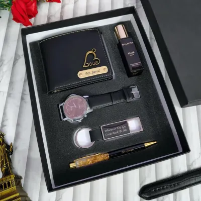 This all-in-one gift box for him includes a personalized wallet, watch, pen, keychain, and a bottle of perfume. It's a complete, thoughtful package for birthdays or anniversaries.