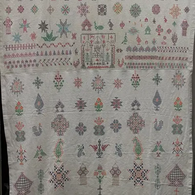This large textile is a sampler of advanced Kasuti motifs, showcasing the incredible variety and complexity of this heritage craft. It includes traditional patterns like chariots, peacocks, and geometric forms.