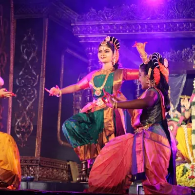 Our students presenting "Nava Durga" at the Hosdurga Navarathri festival. The dancers perform in front of a beautifully decorated idol of the Goddess, creating a truly devotional atmosphere.