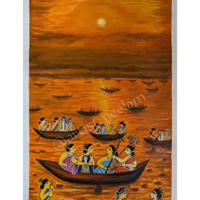 This Paitkar painting, "Women breaking the orthodox tradition," uses a traditional style to explore a modern theme. It depicts women performing rituals on the ghats of Varanasi, challenging societal norms.
