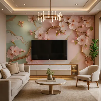 A beautiful TV unit backdrop featuring a 5D wallpaper with cherry blossoms. The design creates a serene and artistic focal point, perfectly complementing the minimalist TV console and modern chandelier.