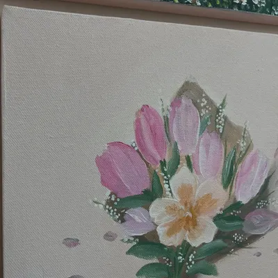 A close-up of a floral bouquet painting, part of a custom gallery wall set. This piece was inspired by a client's "girly aesthetic" Pinterest board.