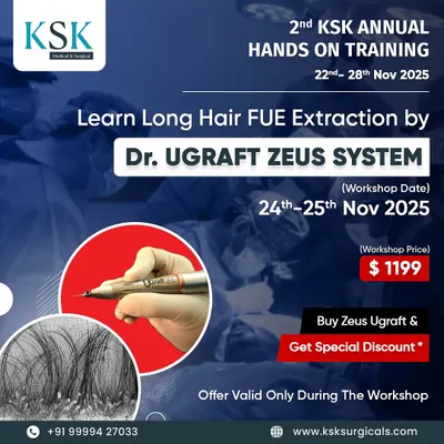 Learn the revolutionary Long Hair FUE extraction technique using the Dr. UGRAFT ZEUS system. This flyer details our specialized workshop, which offers hands-on experience and a special discount on the device.