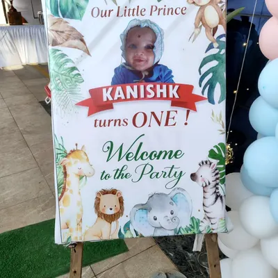 The welcome sign for Kanishk's first birthday party. I work with you to ensure every detail, from the decor to the activities, aligns with your theme.