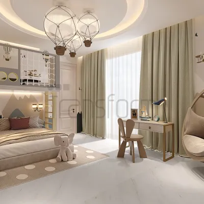 I designed this adorable world for a child, where every detail is curated to ignite joy and inspire imagination. The space features a bunk bed with a slide, a cozy swing chair, and a playful, adventure-themed wallpaper.