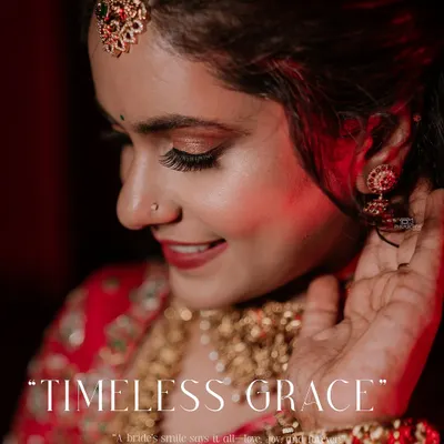 A close-up of a South Indian bride, capturing her gentle smile and the timeless grace of her traditional look.