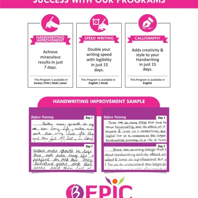 We deliver tangible results with our handwriting improvement workshops. This before and after sample shows a student's progress after just seven days, highlighting improved letter formation, spacing, and overall legibility.