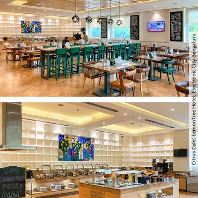 The Citrus Cafe at Lemontree Hotel, Bengaluru, is a bright and lively all-day diner. The design features a mix of seating types, including high tables and a large community table, set against a backdrop of textured white walls and vibrant art.