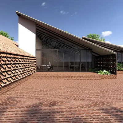 A rendering of the Benaras restaurant project, showing the relationship between the traditional tiled roof and the modern glass facade. The design creates a bright, open dining area that looks out onto a brick-paved courtyard, blending vernacular and contemporary styles.