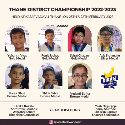A snapshot of our winners from the Thane District Championship. It was a great performance by everyone, with Yohansh, Ronit, and Sairaj winning gold. This is what state level Taekwondo coaching prepares you for.