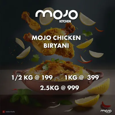 Here are the different sizes and prices for my Mojo Chicken Biryani. You can choose from a 1/2 kg personal portion to a 2.5 kg party pack.