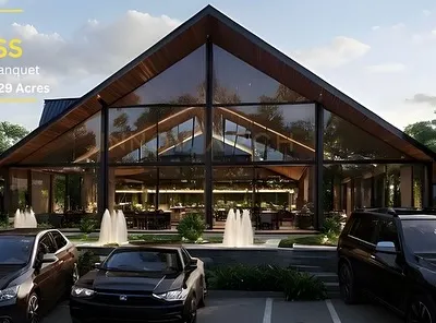 This is the front elevation render for The Bliss Resort & Banquet, a 1.29-acre project. Our design features a striking glass facade and integrated water fountains to create a grand and welcoming entrance.