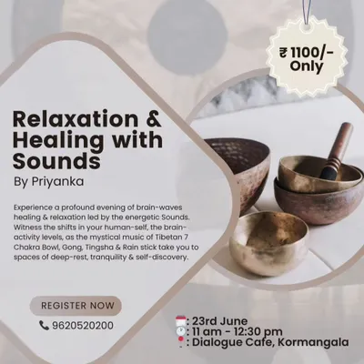 This is an invitation to one of our signature "Relaxation & Healing with Sounds" workshops. We use a range of instruments, including the 7 Chakra Bowl set and gongs, to guide you into a state of deep rest and self-discovery. These sessions are perfect for anyone needing to de-stress and reconnect.