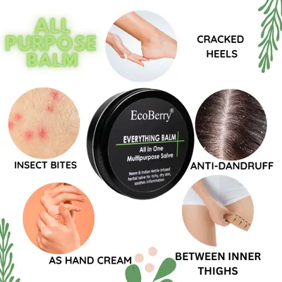 Have you heard about our 'Everything Balm'? This infographic showcases its many uses, from healing cracked heels and soothing insect bites to acting as a hand cream and an anti-dandruff scalp treatment.