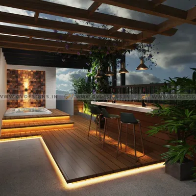 A wide-angle 3D render of a complete rooftop entertainment area. This view captures the seamless integration of the jacuzzi, the bar, and the multi-level wooden deck, showcasing a comprehensive design for a sophisticated hospitality venue.