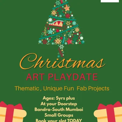 Announcing my Christmas Art Playdate, delivered right to your doorstep from Bandra to South Mumbai. This poster details the festive, themed projects I offer for small groups to make the holiday season extra special for kids.