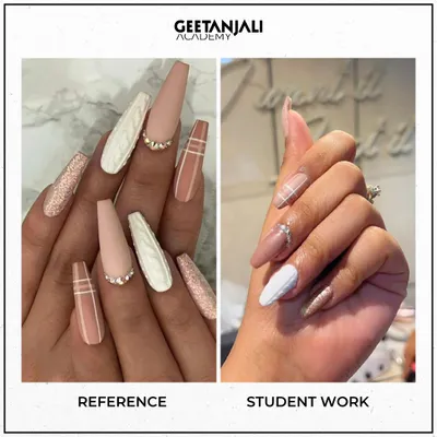 Our student's work stands proudly next to the reference. We focus on teaching the core skills needed to execute detailed designs, including matte finishing, glitter application, and fine line work.