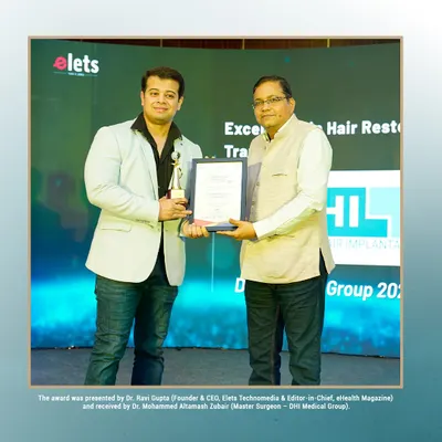 **Receiving the Elets Healthcare Innovation Award:** Our Master Surgeon, Dr. Muhammad Altamash Zubair, accepts the award for "Excellence in Hair Restoration & Transplants" at the 16th Elets Healthcare Innovation Summit in Hyderabad.