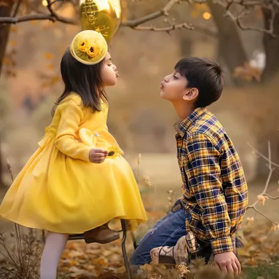 An artistic edit of a sweet sibling moment during an outdoor birthday photoshoot. The warm, dreamy tones of the background add a touch of magic to their playful pose.