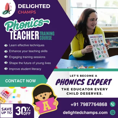 An advertisement for the Phonics Teacher Training Course, which is designed to help educators improve student literacy. The course covers effective techniques and engaging session plans.