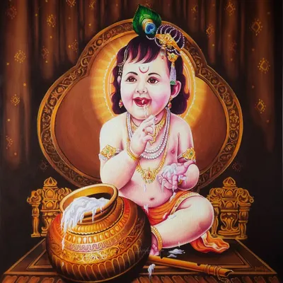 A detailed acrylic painting of Little Krishna, playfully enjoying a pot of butter. This 20 by 20 inch canvas captures his divine innocence and charm, with intricate details on his jewelry and expression.