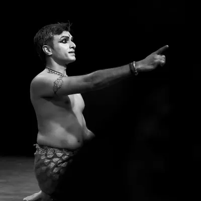 A black and white moment from 'ATAH - connecting the dots', a duet performance with Parshwanath Upadhye. The stark contrast highlights the form and expression.
