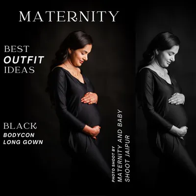 A classic black and white diptych showing a side profile of a mother-to-be in a black bodycon gown. This minimalist style emphasizes the beautiful silhouette of the baby bump.
