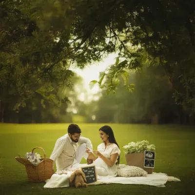 A perfect picnic for three. This beautifully styled outdoor scene, complete with a basket, flowers, and sonogram pictures, creates a charming and memorable setting for this couple's maternity shoot.
