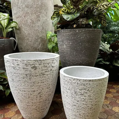 I love the texture of these lightweight concrete planters. They provide a modern, industrial look without the heavy weight, making them versatile for both indoor and outdoor use. This collection comes in various shapes and sizes.