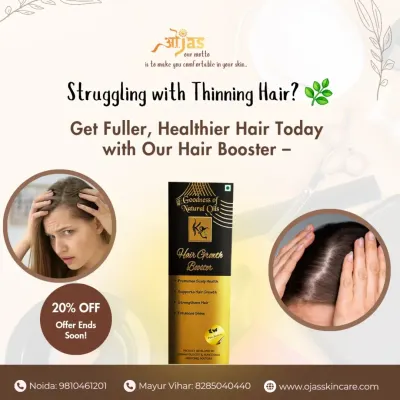 If you are struggling with thinning hair, our Hair Growth Booster can help. It is designed to promote scalp health, support growth, and strengthen strands for fuller, healthier hair.