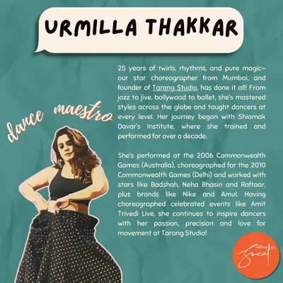 This graphic provides a snapshot of my professional background. My extensive experience in performance and choreography for brands like Nike and Amul informs the quality and creativity of my corporate workshops.