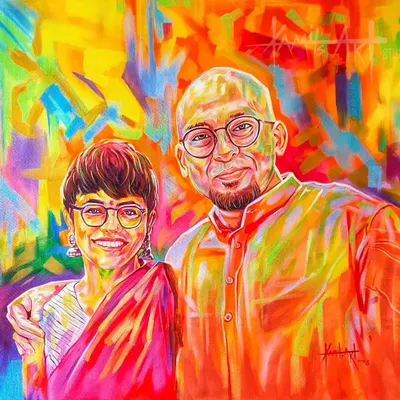 A perfect example of my vibrant style, this acrylic couple's portrait uses a spectrum of colors to create energy and emotion.