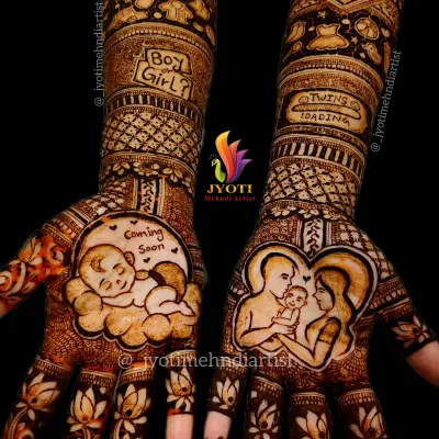 My course teaches you to go beyond traditional designs. You will learn to create unique, themed mehndi for special occasions like this detailed baby shower design, featuring portraits, text, and charming baby-related motifs.