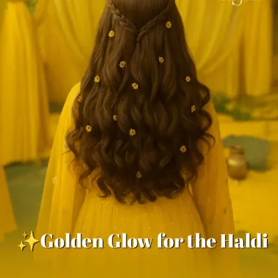 A golden glow for the Haldi ceremony. This hairstyle features soft waves with a simple braid and is dotted with tiny yellow flowers, creating a look that is both whimsical and perfectly suited for the occasion.