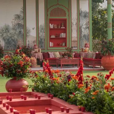 A lounge area from 'A Mughal Garden' wedding, featuring rich red sofas against a sage green wall with hand-painted murals. The design creates a luxurious, library-like feel in an outdoor setting.