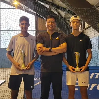 Tavish Pahwa with his partner Kim Dongjae of Korea after winning their first U14 Category 1 European ranking doubles title. This was part of a series of lead-up tournaments in Europe as they prepared for the Junior World Championship.