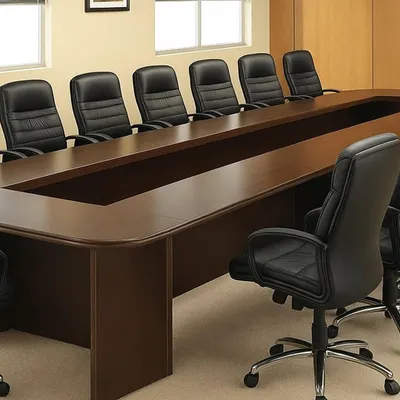 A full view of a classic U-shaped conference table, paired with black leather executive chairs. This setup is designed for clear communication and visibility for all participants in a formal boardroom.