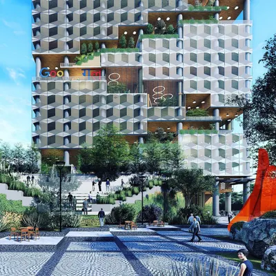 A ground-level view of the Urban Ladder campus concept, showing the interaction between the innovative building facade and the public green space. The design encourages social gathering and brings energy from the city into the workplace.