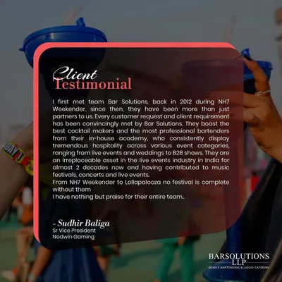 A testimonial from Sudhir Baliga, Sr. Vice President of Nodwin Gaming, who calls us an "irreplaceable asset in the live events industry in India" after working with us for almost two decades, from NH7 Weekender to Lollapalooza.