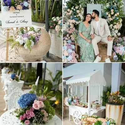 A collage from a beautiful Godh Bharai and vow renewal ceremony. The decor featured a soft pastel palette, a cute cart for favors, and elegant seating, perfect for an intimate family celebration.