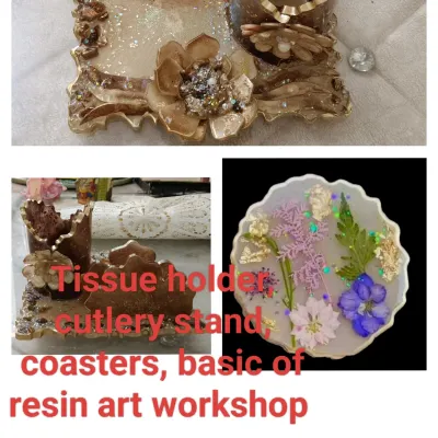 I offer a variety of online professional resin art workshops, including basics for beginners where you can learn to make a tissue holder, cutlery stand, and coasters. Join me to start your resin art journey.